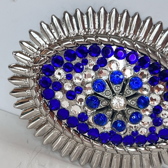 Blue Rhinestone Belt Buckle Western Statement Piece Coastal Cowgirl Rodeo Queen - Picture 2 of 7